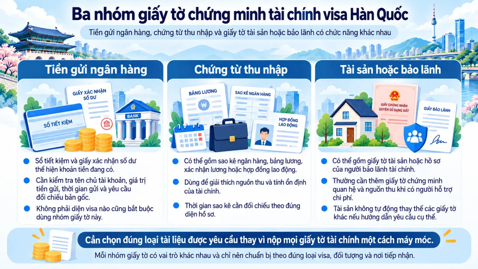 Ba nhóm giấy tờ tài chính thường gặp khi xin visa Hàn Quốc: tiền gửi ngân hàng, chứng từ thu nhập và giấy tờ tài sản hoặc bảo lãnh