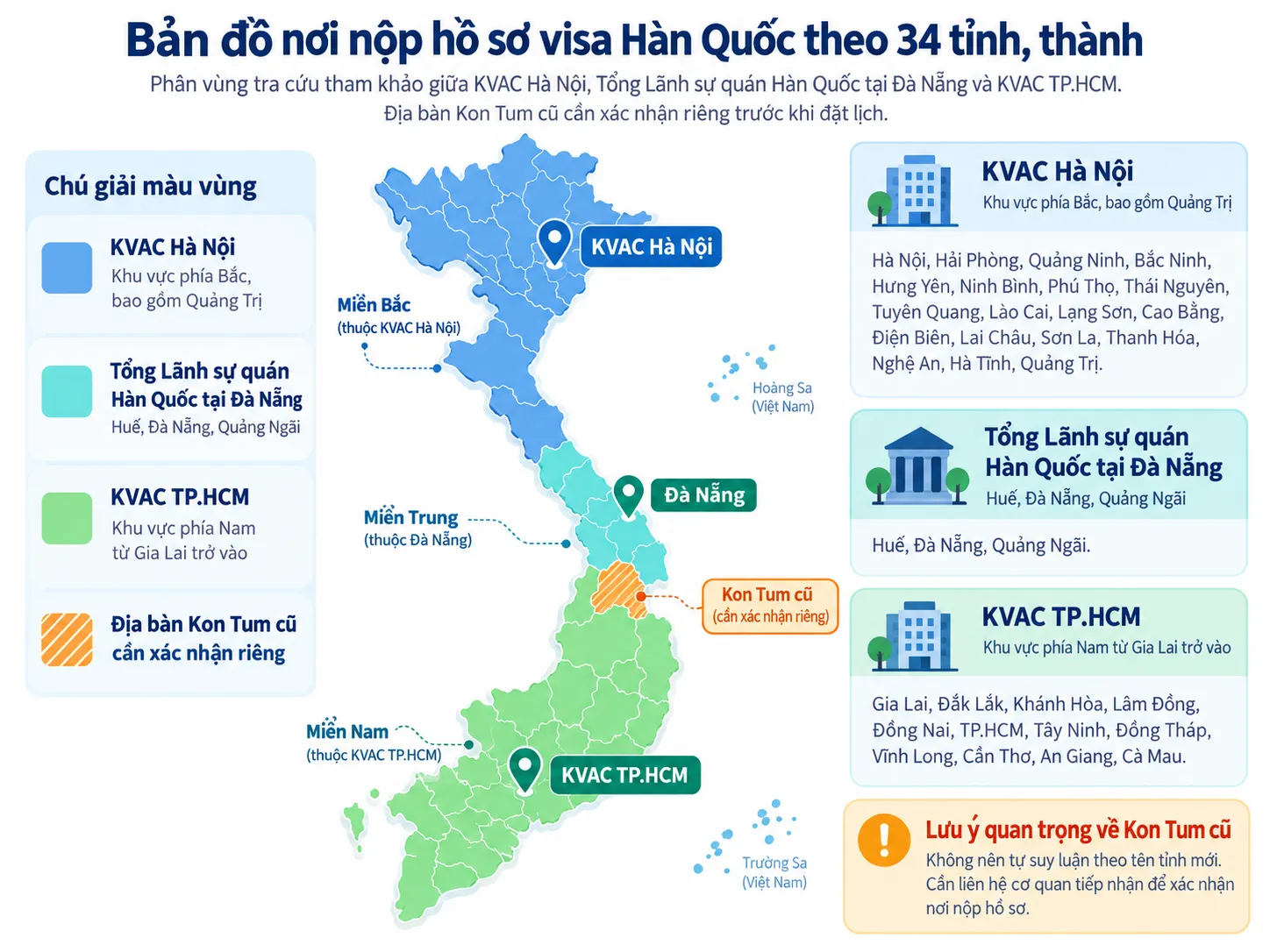Bản đồ tham khảo ba khu vực tiếp nhận visa Hàn Quốc theo 34 tỉnh thành, có lưu ý riêng về địa bàn Kon Tum cũ