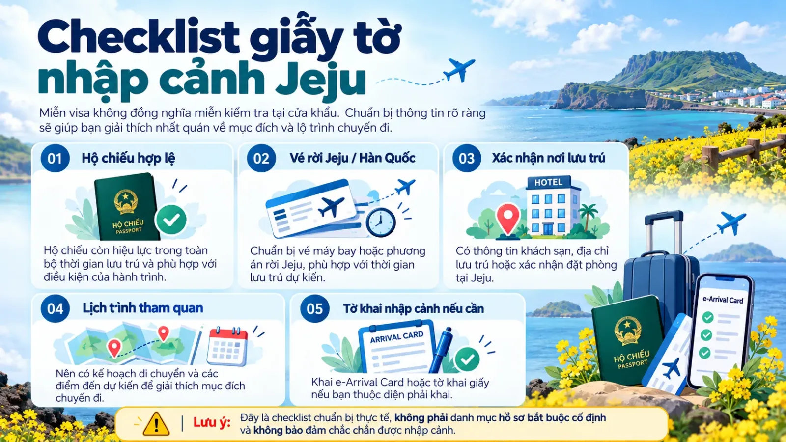 Checklist chuẩn bị nhập cảnh Jeju: hộ chiếu hợp lệ, hành trình rời đảo, nơi lưu trú, kế hoạch tham quan và tờ khai nếu thuộc diện phải khai