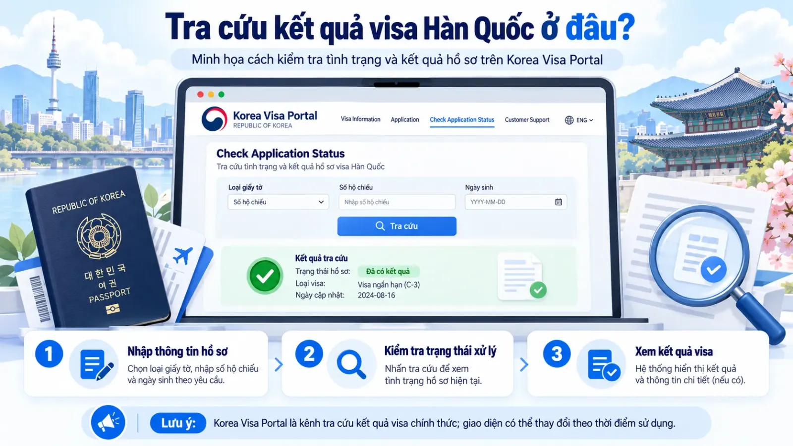 Minh họa tra cứu tình trạng và kết quả hồ sơ visa Hàn Quốc trên Korea Visa Portal