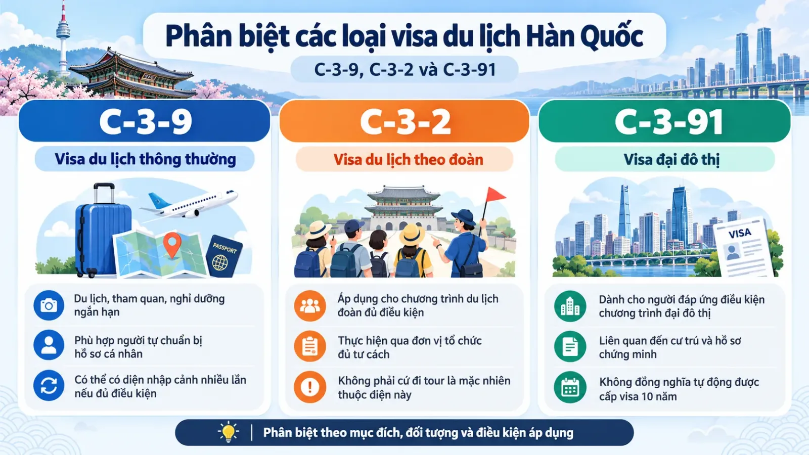 Sơ đồ phân biệt ba mã visa du lịch Hàn Quốc C-3-9, C-3-2 và C-3-91 theo đối tượng và hình thức đăng ký