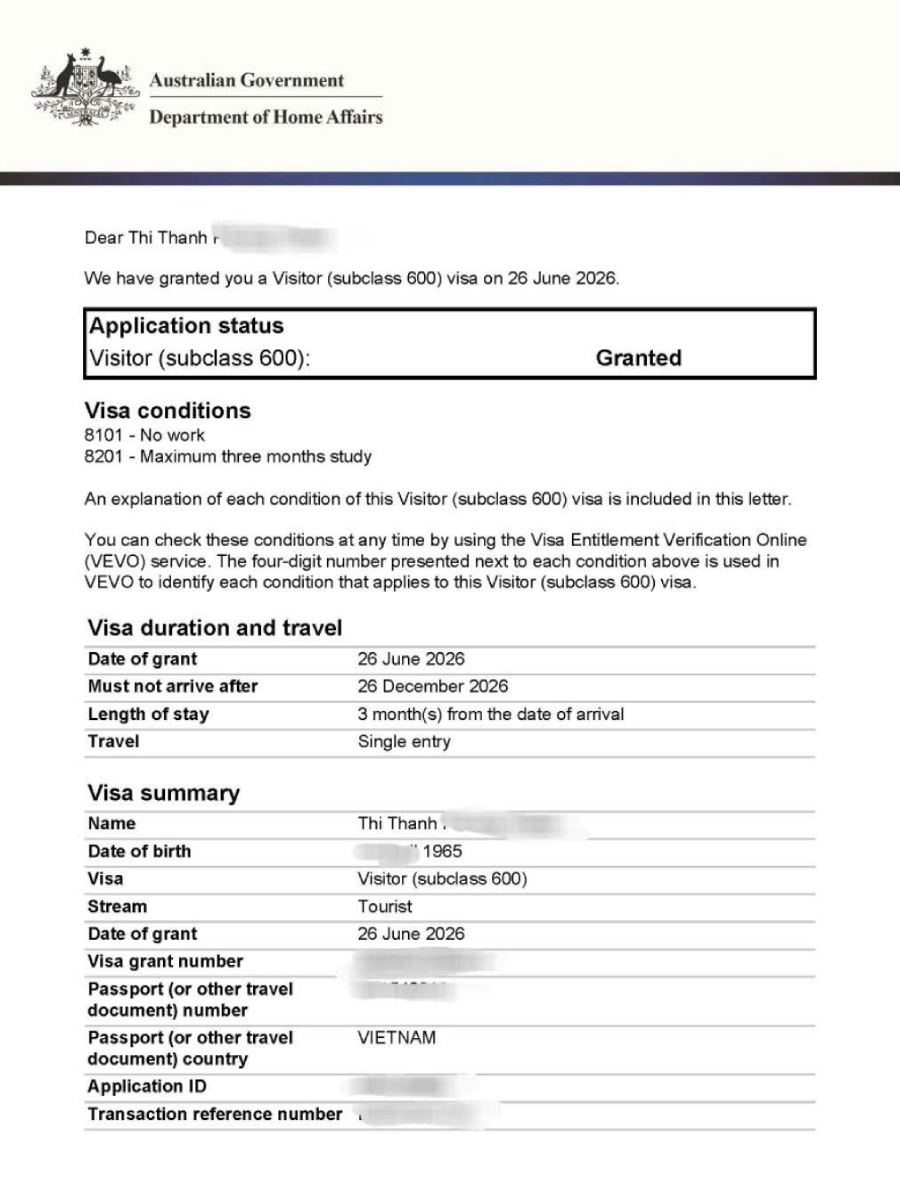 Kết quả visa Úc