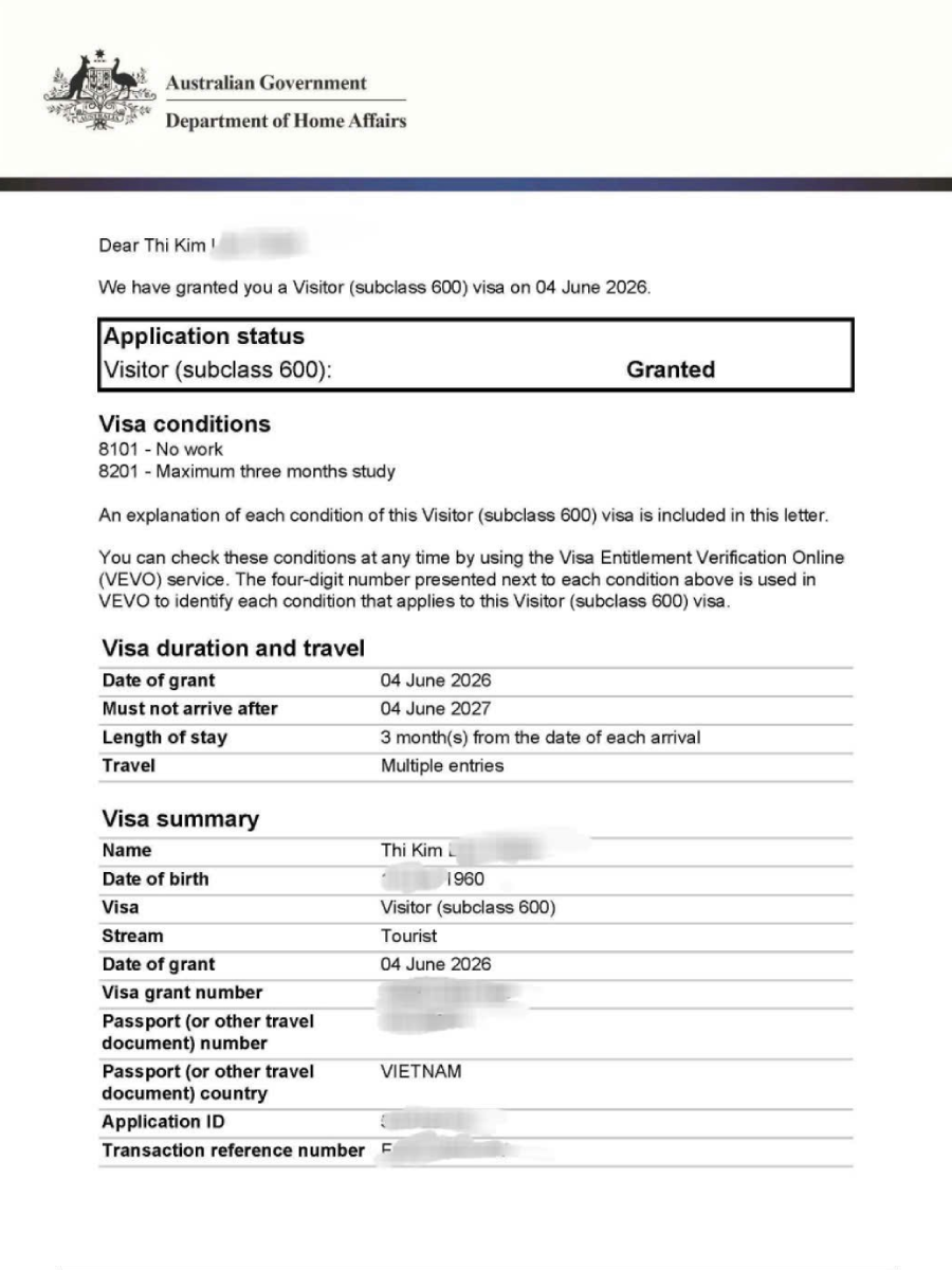 Kết quả visa Úc