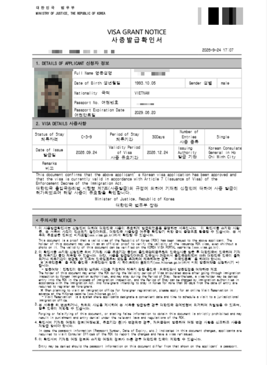 Kết quả visa Hàn Quốc